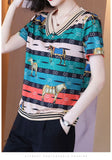for Women 2023 Printed Short Sleeve Summer New V-neck Striped Fashion Tees Pullover Casual Elegant Tops-Outfit