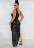 Sexy Sequins One Shoulder Sleeveless Fringe Tassels Irregular Cocktail Party