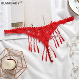 Embroidery Tassel Transparent G-String Temptation Pearl Massuge Women Underwear Thong Crotch Open Lingerie Briefs