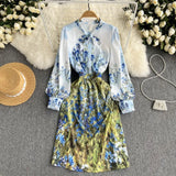 Runway Design Women Flower Print Dress Single-breasted Bow Tie Collar Lantern Sleeve Midi Robe Autumn Spring Vestido