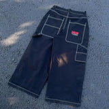 Street Retro Letter Print Hip Hop Casual Men Jeans Y2k Harajuku Street Loose Black Straight Leg Wide Leg Couple Pants-Outfit