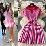Retro-Necked Short-Sleeved Striped Knitted Dress Female Waist Temperament Thin A-Word