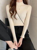 Neck Women Sweater Vintage Basic Solid Knitted Tops Casual Slim Pullover Autumn Winter Korean Tops Simple Chic Jumpers-Outfit