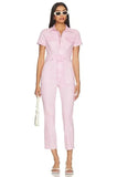 Down Collar One Piece Women Solid Short Sleeve Tight High Waist Overalls Slim Fit Casual Rompers 2023 Long Pants Jumpsuits-Outfit