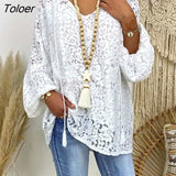 Loose Hook Flower Hollow Lace Shirt Women Elegant Long Sleeve V-neck White Blouses Women Casual Tops Blusas Mujer