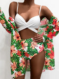Toloer New 2024 Bikini Gathers The Sexy Mesh Three-Piece Split Print Swimsuit