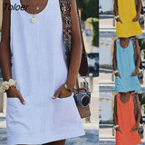Casual Women Solid Color Pocket Mini Dress Sleeveless Button Sundress Summer Elegant Fashion Women's Clothing