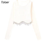 Women Fashion O Neck Black White Color Knitting Short Blouse Female Hem Diamond Tassel Slim Shirt Chic Blusas Tops