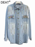 Women's Denim Shirt Loose Double Pockets Colorful Crystal Beading Single Breasted Blouse 2024 Summer New Fashion 29L1839-Outfit