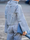 Women's Denim Loose Coat Long Flare Sleeve Burr Irregular Patchwork Solid Color Jackets 2024 Summer American Retro 29L1211-Outfit