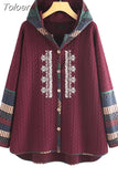 Autumn Winter New Vintage Boho Hooded Single-Breasted Ethnic Style Printed Long-Sleeved Loose Mid-Length Coat