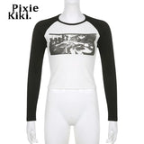 Vintage Y2k Abstract Print Raglan Long Sleeve Crop Top Streetwear Women 2000s Grunge Baby Tee Graphic T Shirts