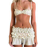 Women Y2K 2Piece Skirts Outfits Solid Color Spaghetti Strap Frills Sleeveless Cami Bra Tops+Low Waist Mini Skirts Set-Outfit