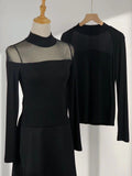 Toloer Show Thin Temperament Mesh Hollow Out Black Bottom Shirt Women's New Slim Half High Collar With Long-Sleeved