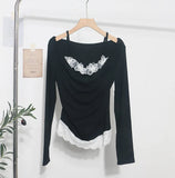 Autumn Fake Two Lace Lace Collar Folding Long Sleeves Slimming Bottom T-Shirt Top Woman