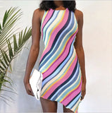 Chic Summer O Neck Knitted Cotton Tank Dresses Women Party Club Sleeveless Mini Wrap Bodycon Striped Fashion Dress