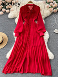 Beach Red Maxi Dress Women Elegant Hollow Out Korean Holiday Split Dress Female Casual Long Sleeve Fairy Party