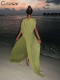 Solid Shirring Maxi Dress Women Summer Loose Cross Splitted Concise Sleeveless V-neck Vestidos Female Holiday Trend Robe-Outfit