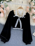 Sexy Halter Lace Patchwork Short Blouse For Women Casual Puff Sleeve Velvet Shirt Female Black Tops New Fashion Autumn