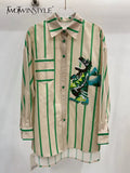 Embroidery Colorblock Shirt For Women Lapel Long Sleeve Loose Button Through Blouse Female Fashion Clothing