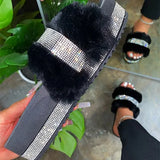 Slippers Women 2021 Fashion Summer Fur Slides For Woman Rhinestone Sandals Fluffy Female Shoes Glitter Indoor Diamond