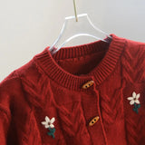 Horn Buckle New Year Red Sweater Cardigan Girl Autumn Winter Loose Lazy Wind New Year Red Knitted Coat Girl-Outfit