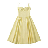 Romantic Bra with Wire Corset Style Low Waist Spliced Ruched Pleated Swing Long Midi Dress Women Sexy Summer Sling Robe-Outfit
