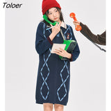 Women Knit Dress 2022 Winter Long Sleeve Polo Neck with Button Loose Argyle Check Print Vintage Casual Chic Midi