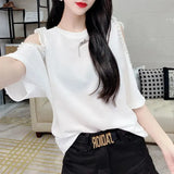 Clothing Sexy Off Shoulder Cut Out Pullovers Fashion Solid Color All-match Summer Chic Diamonds Beading O-Neck T-shirt-Outfit