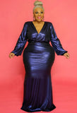 Plus Size Shiny V-neck Puff Sleeve Evening