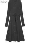 Knitting One Piece Dresses Women Casual Long Sleeve Button Sweater Midi Dress Elegant Female Office Korean 2023