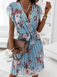 Explosion Summer Lotus Leaf Side Short-Sleeved V-Neck Digital Printed Dress