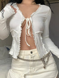 Ruffles Cute Y2K Cardigan Shirts Vintage Aesthetic Long Sleeve Spring Autumn Tops Women Tie Up V Neck Kawaii Crop
