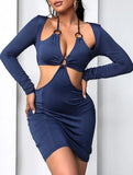 Blue Cut Out Sexy O-Rings Long Sleeve Mini Club