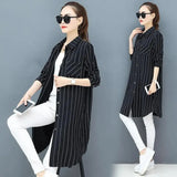 Korean Midi Striped Print Shirt for Female Turn-down Collar Single-breasted Fashion Long Sleeve Blouse Women's Clothing-Outfit