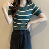 Knitted Short-Sleeved T-Shirt For Women's Summer 2025 New Design Sense Slimmed Shoulders Short