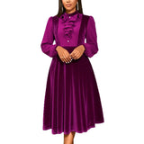 Style Purple Velvet Party Party Temperament Dress Wooden Ear Splicing Long Sleeves To Close The Waist A Dress