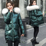 Jacket Women 2021 Female Parka Coat Mid Long Overcoat Hooded Warm Hooded Artificial fur collar Shiny Down Cotton