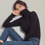 WOTWOY Ribbed Knitted Turtleneck Sweater Women Autumn Winter Slim Fit Basic Pullover Female Long Sleeve Black White