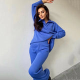 Free Shipping Casual Autumn Loose Knit Sweater Set Fashion Zip Lapel Long Sleeve Pullover Sweater & Straight Pants Two-Piece