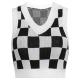 Sleeveless Vintage V Neck Knitted Vest Autumn Black White Plaid Print Sweater Women Y2K Fashion Knitwear