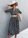 Vintage V-neck Half Sleeves Dot Print Midi Loose Holiday