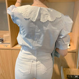 Womens Blouse Korean New 2021 Short Sleeve Chic Doll Collar Patchwork Tops Fashion Sweet Blue Buttons Loose Shirt