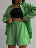 Women Tracksuit Shirt Shorts Two Piece Set Solid Long Sleeve Top Mini Shorts Suit Female 2022 Summer Lady Casual