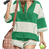 Spring And Summer New Women's Striped Half-Sleeved Oversized Shorts Casual Sportswear Two