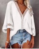 Solid Color Flare Sleeve Top For Women's New Blouse V-neck Hollowed Out Lace Patchwork Shirt Blusa Feminina