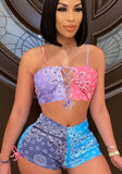 Printed Sexy Sleeveless Crop Top Hollow Out Two Piece Shorts