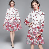 Spring Runway Long Sleeve Mini Dress Women Stand Collar Puff Sleeve Single Breasted Butterflies Print Sashes Short