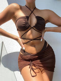 Toloer New Sexy Tie-Up Three-Piece Bikini Solid Color Multi-Color Swimsuit