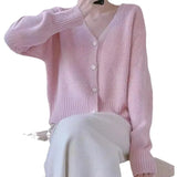New Soft Breeze Loose Simple College Sweater Short Style Solid Color Soft Waxy V-Neck Knitted Cardigan Girl-Outfit